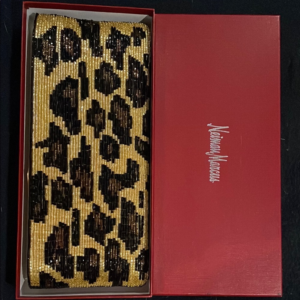 Neiman Marcus leopard Gold and Black Beaded Clutch